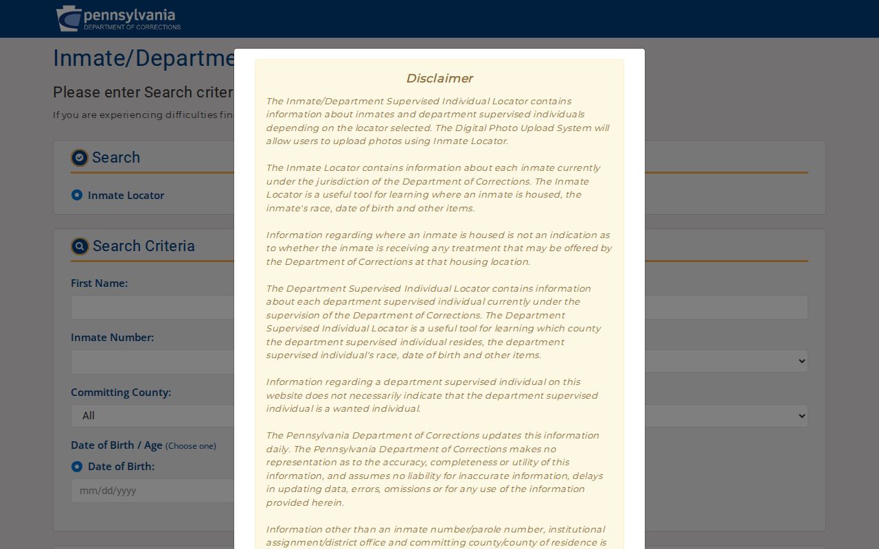 Lehigh County arrest history state custody search in PA DOC locator